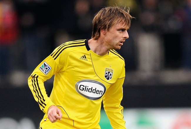 COLUMBUS, OH - MAY 8:  Eddie Gaven #12 of the Columbus Crew controls the ball against the New England Revolution on May 8, 2010 at Crew Stadium in Columbus, Ohio.  (Photo by Jamie Sabau/Getty Images)