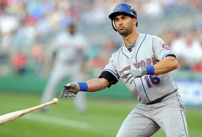 WASHINGTON - MAY 20:  Angel Pagan #16 of the New York Mets tosses his bat after drawing a walk in the first inning against the Washington Nationals at Nationals Park on May 20, 2010 in Washington, DC.  (Photo by Greg Fiume/Getty Images)
