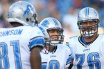 ORCHARD PARK, NY - SEPTEMBER 03:  Matthew Stafford #9 and Jeff Backus #76 of the Detroit Lions react to comments made by an official prior to play  against the Buffalo Bills  at Ralph Wilson Stadium on September 3, 2009 in Orchard Park, New York.  (Photo by Rick Stewart/Getty Images)