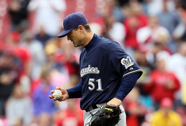 CINCINNATI - MAY 18:  Trevor Hoffman #51 of the Milwaukee Brewers is pictured after allowing a game tying two run home run in the 9th inning of the game against the Cincinnati Reds at Great American Ball Park on May 18, 2010 in Cincinnati, Ohio. The Reds won 5-4.  (Photo by Andy Lyons/Getty Images)
