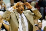 ORLANDO, FL - MAY 16:  Head coach Doc Rivers of the Boston Celtics reacts as he coaches against the Orlando Magic in Game One of the Eastern Conference Finals during the 2010 NBA Playoffs at Amway Arena on May 16, 2010 in Orlando, Florida.  NOTE TO USER: User expressly acknowledges and agrees that, by downloading and/or using this Photograph, user is consenting to the terms and conditions of the Getty Images License Agreement.  (Photo by Kevin C. Cox/Getty Images)