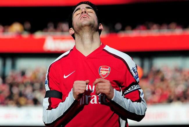 LONDON, ENGLAND - MARCH 06:  Cesc Fabregas of Arsenal looks dejected during the Barclays Premier League match between Arsenal and Burnley at Emirates Stadium on March 6, 2010 in London, England.  (Photo by Mike Hewitt/Getty Images)
