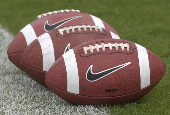 TAMPA, FL - SEPTEMBER 22: Nike footballs on the sidelines as the North Carolina Tar Heels play against the University of South Florida Bulls at Raymond James Stadium on September 22, 2007 in Tampa, Florida.  USF  won 37-10.  (Photo by Al Messerschmidt/Getty Images)