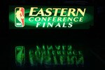 BOSTON - MAY 22:  A detail of Eastern Conference Finals signage as the Boston Celtics play against the Orlando Magic at TD Banknorth Garden in Game Three of the Eastern Conference Finals during the 2010 NBA Playoffs on May 22, 2010 in Boston, Massachusetts.  NOTE TO USER: User expressly acknowledges and agrees that, by downloading and/or using this Photograph, user is consenting to the terms and conditions of the Getty Images License Agreement.  (Photo by Elsa/Getty Images)