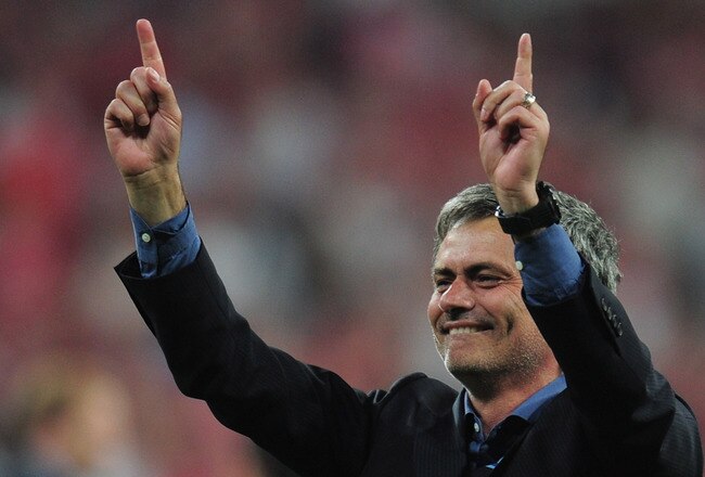 MADRID, SPAIN - MAY 22:  Jose Mourinho coach of Inter Milan celebrates victory after the UEFA Champions League Final match between FC Bayern Muenchen and Inter Milan at the Estadio Santiago Bernabeu on May 22, 2010 in Madrid, Spain.  (Photo by Shaun Botterill/Getty Images)