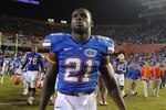 GAINESVILLE, FL - NOVEMBER 7: Safety Major Wright  #21 of the Florida Gators walks off the field after the game against the Vanderbilt Commodores  November 7, 2009 at Ben Hill Griffin Stadium in Gainesville, Florida.  (Photo by Al Messerschmidt/Getty Images) 