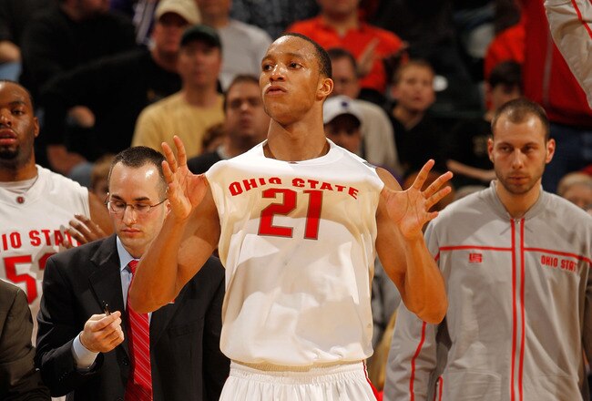 INDIANAPOLIS - MARCH 13:  Guard Evan Turner #21 of the Ohio State Buckeyes celebrates after defeating the Illinois Fighting Illini 88-81 in double overtime of the semifinals in the Big Ten Men's Basketball Tournament at Conseco Fieldhouse on March 13, 2010 in Indianapolis, Indiana.  (Photo by Jonathan Daniel/Getty Images)