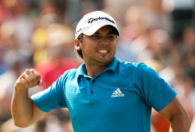 IRVING, TX - MAY 23: Jason Day of Australia pumps his fist after sinking a bogey putt on the 18th hole to win the HP Byron Nelson Championship at TPC Four Seasons Resort Las Colinas on May 23, 2010 in Irving, Texas. (Photo by Darren Carroll/Getty Images)