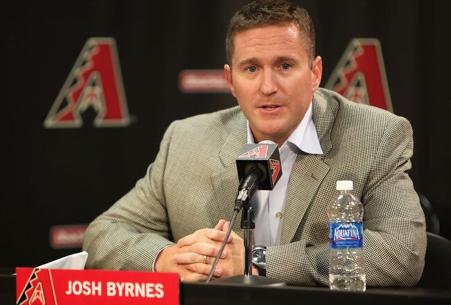 PHOENIX - MAY 08:  General manager Josh Byrnes of the Arizona Diamondbacks introduces the new team manager A. J. Hinch (not pictured) during a press conference before the game against the Washington Nationals at Chase Field on May 8, 2009 in Phoenix, Arizona.  (Photo by Christian Petersen/Getty Images)
