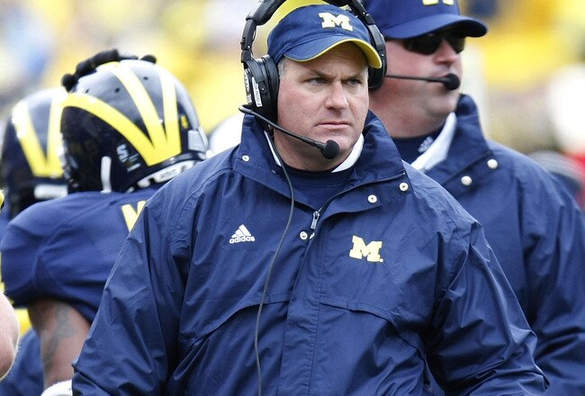 ANN ARBOR, MI - OCTOBER 24:  Head Coach Rich Rodriguez of the Michigan Wolverines looks on while playing the Penn State Nittany Lions on October 24, 2009 at Michigan Stadium in Ann Arbor, Michigan. Penn State won the game 35-10.  (Photo by Gregory Shamus/Getty Images)