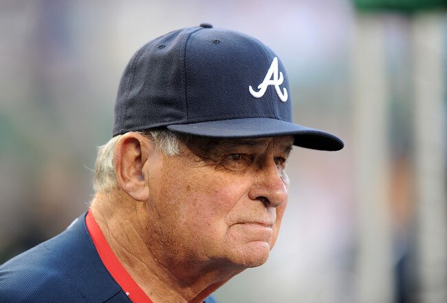 WASHINGTON - MAY 04:  Manager Bobby Cox of the Atlanta Braves watches the game against the Washington Nationals at Nationals Park on May 4, 2010 in Washington, DC.  (Photo by Greg Fiume/Getty Images)