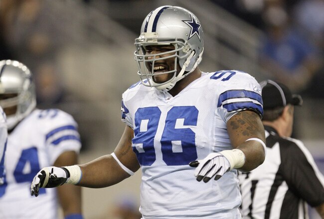ARLINGTON, TX - JANUARY 9:  Marcus Spears #96 of the Dallas Cowboys reacts in the first quarter against the Philadelphia Eagles during the 2010 NFC wild-card playoff game at Cowboys Stadium on January 9, 2010 in Arlington, Texas. (Photo by Jamie Squire/Getty Images)