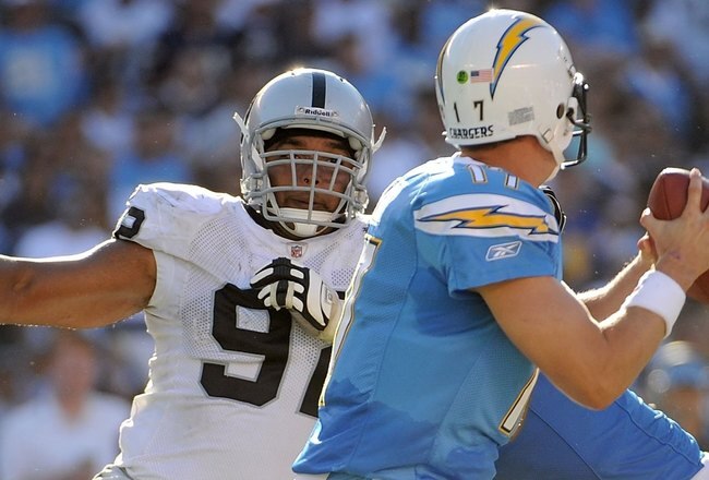 SAN DIEGO - NOVEMBER 01:  Richard Seymour #92 of the Oakland Raiders rushes Philip Rivers #17 of the San Diego Chargers during the game at Qualcomm Stadium on November 1, 2009 in San Diego California. The Chargers defeated the Raiders 24-16. (Photo by Harry How/Getty Images)