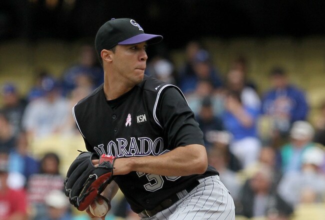 LOS ANGELES, CA - MAY 09:  Ubaldo Jimenez #38 of the Colorado Rockies pitches against the Los Angeles Dodgers in the second inning at Dodger Stadium on May 9, 2010 in Los Angeles, California.  (Photo by Jeff Gross/Getty Images)