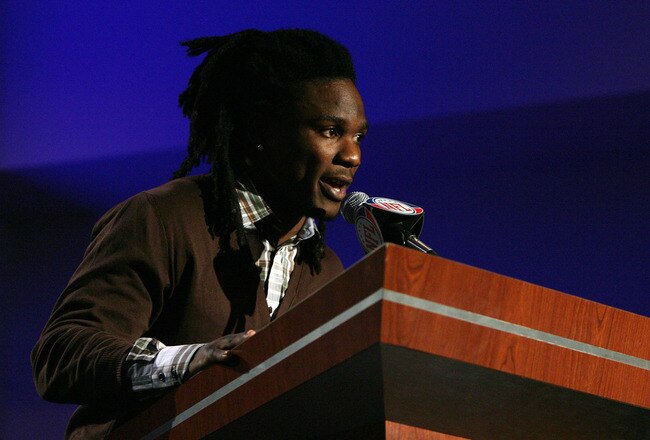 FORT LAUDERDALE, FL - FEBRUARY 03:  Chris Johnson #28 of the Tennessee Titans speaks to members of the media after being named the FedEx Ground NFL Player of the Year at a press conference held at the Fort Lauderdale Convention Center as part of media week for Super Bowl XLIV on February 3, 2010 in Fort Lauderdale, Florida.  (Photo by Doug Benc/Getty Images)