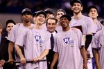 INDIANAPOLIS - APRIL 05:  (L-R) Lance Thomas #42 Jon Scheyer #30, head coach Mike Krzyzewski, Nolan Smith #2 and Brian Zoubek #55 of the Duke Blue Devils watch CBS 's presentation of 'One Shining Moment' as they celebrate after they won 61-59 against the Butler Bulldogs during the 2010 NCAA Division I Men's Basketball National Championship game at Lucas Oil Stadium on April 5, 2010 in Indianapolis, Indiana.  (Photo by Andy Lyons/Getty Images)