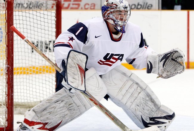SASKATOON, SK - JANUARY 5:  Jack Campbell #1 of Team USA watches play during the 2010 IIHF World Junior Championship Tournament Gold Medal game against Team Canada on January 5, 2010 at the Credit Union Centre in Saskatoon, Saskatchewan, Canada.  Team USA defeated Team Canada 6-5 in overtime.(Photo by Richard Wolowicz/Getty Images)