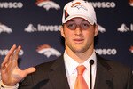 ENGLEWOOD, CO - APRIL 23:  Tim Tebow is introduced by the Denver Broncos at a press conference at the Broncos Headquarters in Dove Valley on April 23, 2010 in Englewood, Colorado. The Broncos picked Tebow in the first round of the 2010 NFL draft.  (Photo by Doug Pensinger/Getty Images)