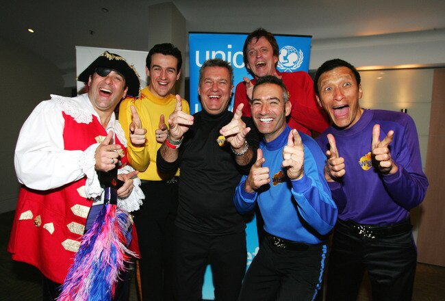SYDNEY, AUSTRALIA - MAY 25:  Jimmy Barnes and The Wiggles pose at the photo call and cheque presentation ahead of The Wiggles Charity Concert in aid of UNICEF at the Sydney Entertainment Centre on May 25, 2008 in Sydney, Australia.  (Photo by Gaye Gerard/Getty Images)