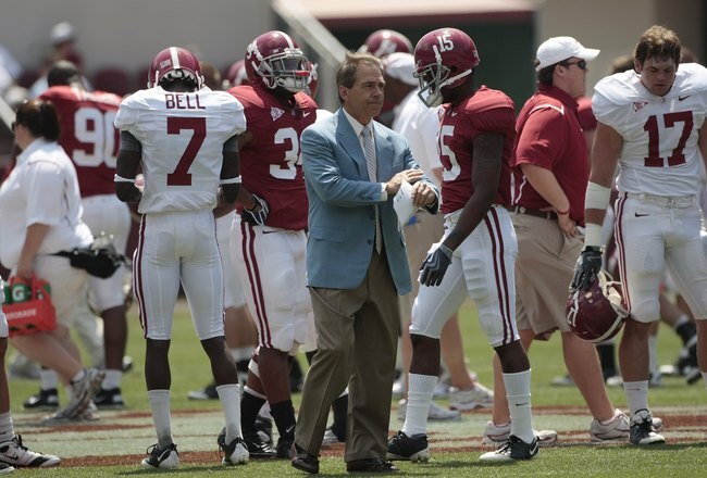 TUSCALOOSA, AL - APRIL 17:  Coach Nick Saban of the Alabama Crimson Tide watches during the Alabama spring game at Bryant Denny Stadium on April 17, 2010 in Tuscaloosa, Alabama. (Photo by Dave Martin/Getty Images) 