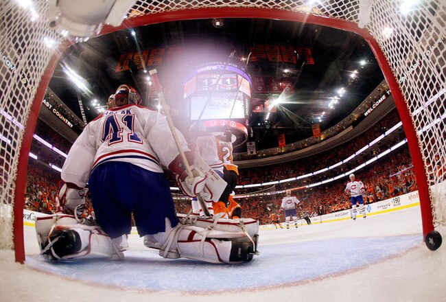PHILADELPHIA - MAY 24:  Jaroslav Halak #41 of the Montreal Canadiens gives up a goal in the second period against Arron Asham (not pictured) #45 the Philadelphia Flyers in Game 5 of the Eastern Conference Finals during the 2010 NHL Stanley Cup Playoffs at Wachovia Center on May 24, 2010 in Philadelphia, Pennsylvania.  (Photo by Jim McIsaac/Getty Images)