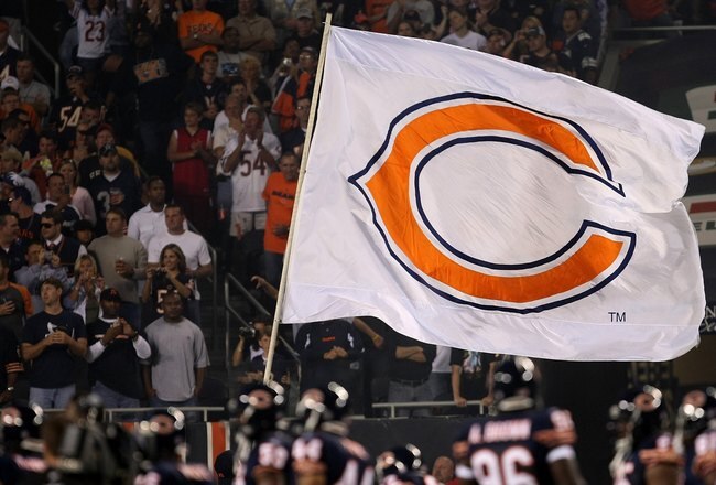 CHICAGO - SEPTEMBER 23:  A giant flag for the Chicago Bears is seen during pregame festivities against the Dallas Cowboys at Soldier Field on September 23, 2007 in Chicago, Illinois.  (Photo by Jonathan Daniel/Getty Images)