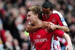 LONDON, ENGLAND - APRIL 03:  Nicklas Bendtner of Arsenal celebrates scoring a late winner with Theo Walcott during the Barclays Premier League match between Arsenal and Wolverhampton Wanderers at the Emirates Stadium on April 3, 2010 in London, England.  (Photo by Mike Hewitt/Getty Images)