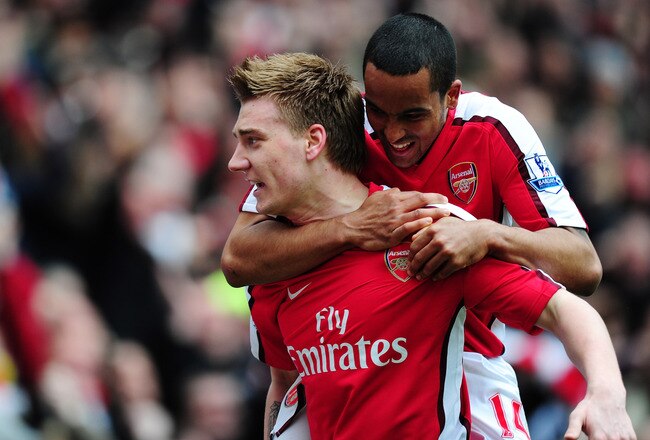 LONDON, ENGLAND - APRIL 03:  Nicklas Bendtner of Arsenal celebrates scoring a late winner with Theo Walcott during the Barclays Premier League match between Arsenal and Wolverhampton Wanderers at the Emirates Stadium on April 3, 2010 in London, England.  (Photo by Mike Hewitt/Getty Images)