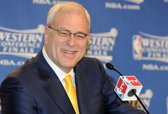 LOS ANGELES, CA - MAY 17:  Phil Jackson, head coach of the Los Angeles Lakers, speaks at a press conference prior to Game One of the Western Conference Finals against the Phoenix Suns in the 2010 NBA Playoffs at Staples Center on May 17, 2010 in Los Angeles, California. NOTE TO USER: User expressly acknowledges and agrees that, by downloading and/or using this Photograph, user is consenting to the terms and conditions of the Getty Images License Agreement.  (Photo by Harry How/Getty Images)