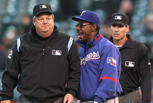 OAKLAND, CA - MAY 3:  Manager Ron Washington of the Texas Rangers is thrown out of the game by umpire Joe West in the second inning against the Oakland Athletics during an MLB game at the Oakland-Alameda County Coliseum on May 3, 2010 in Oakland, California. (Photo by Jed Jacobsohn/Getty Images)