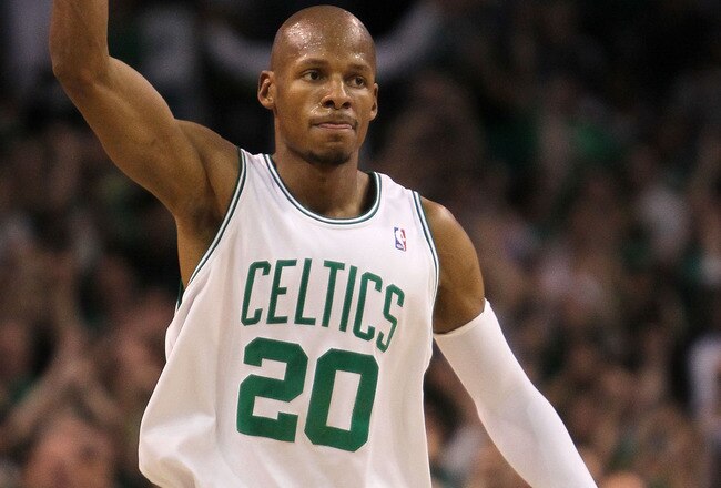 BOSTON - MAY 28:  Ray Allen #20 of the Boston Celtics celebrates late in the fourth quarter against the Orlando Magic in Game Six of the Eastern Conference Finals during the 2010 NBA Playoffs at TD Garden on May 28, 2010 in Boston, Massachusetts.  NOTE TO USER: User expressly acknowledges and agrees that, by downloading and/or using this Photograph, user is consenting to the terms and conditions of the Getty Images License Agreement.  (Photo by Jim Rogash/Getty Images)