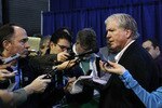 VANCOUVER, BC - FEBRUARY 22:  Hockey USA General Manager and Toronto Maple Leafs GM Brian Burke (R) speaks to the media prior to the start of the Women's USA vs. Sweden  women's semifinal game on day 11 of the Vancouver 2010 Winter Olympics at Canada Hockey Place on February 22, 2010 in Vancouver, Canada.  (Photo by Bruce Bennett/Getty Images)