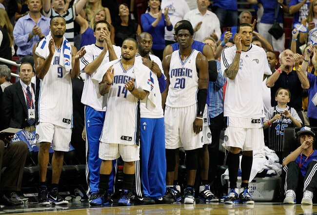 ORLANDO, FL - MAY 26:  Players from the Orlando Magic  support their teammates against the Boston Celtics in Game Five of the Eastern Conference Finals during the 2010 NBA Playoffs at Amway Arena on May 26, 2010 in Orlando, Florida.  NOTE TO USER: User expressly acknowledges and agrees that, by downloading and/or using this Photograph, user is consenting to the terms and conditions of the Getty Images License Agreement.  (Photo by Kevin C. Cox/Getty Images)