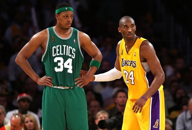 LOS ANGELES, CA - JUNE 12:  Paul Piece #34 of the Boston Celtics is guarded by Kobe Bryant #24 of the Los Angeles Lakers in Game Four of the 2008 NBA Finals on June 12, 2008 at Staples Center in Los Angeles, California.  NOTE TO USER: User expressly acknowledges and agrees that, by downloading and/or using this Photograph, user is consenting to the terms and conditions of the Getty Images License Agreement.  (Photo by Stephen Dunn/Getty Images)