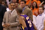 PHOENIX - MAY 29:  Kobe Bryant #24 of the Los Angeles Lakers looks at head coach Alvin Gentry of the Phoenix Suns after a play in the fourth quarter of Game Six of the Western Conference Finals during the 2010 NBA Playoffs at US Airways Center on May 29, 2010 in Phoenix, Arizona. The Laker defeated the Suns 111-103 to advance to the NBA Finals against the Boston Celtics. NOTE TO USER: User expressly acknowledges and agrees that, by downloading and/or using this Photograph, user is consenting to the terms and conditions of the Getty Images License Agreement.  (Photo by Ronald Martinez/Getty Images)