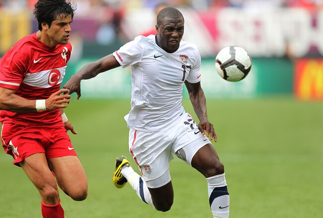 PHILADELPHIA - MAY 29 : Jozy Altidore #17 of the United States battles for pocession during a pre-World Cup warm-up match against Turkey at Lincoln Financial Field on May 29, 2010 in Philadelphia, Pennsylvania. (Photo by Hunter Martin/Getty Images)