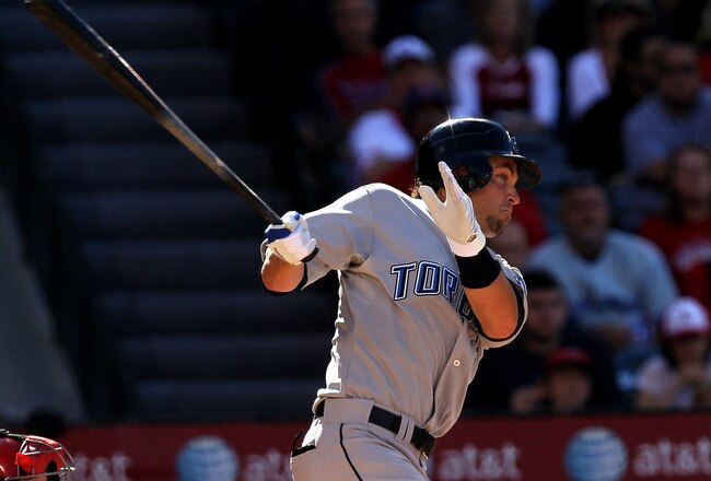 ANAHEIM, CA - MAY 26:  Jeremy Reed #7 of the Toronto Blue Jays hits a two RBI single in the second inning against the Los Angeles Angels of Anaheim  on May 26, 2010 at Angel Stadium in Anaheim, California.   (Photo by Stephen Dunn/Getty Images)