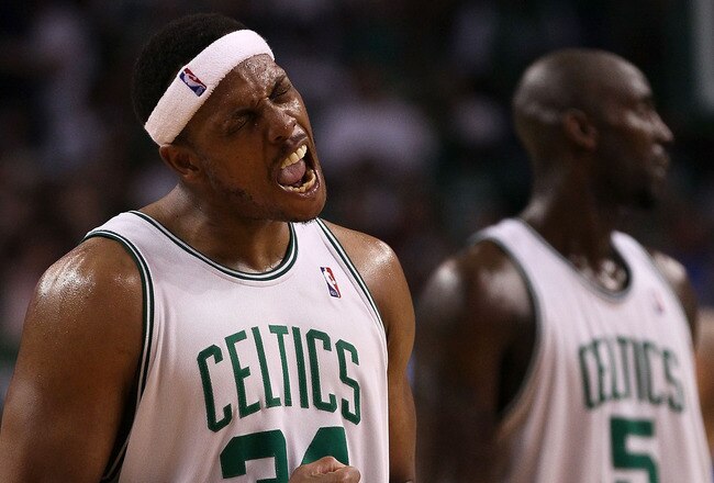 BOSTON - MAY 28:  Paul Pierce #34 of the Boston Celtics reacts after the Celtics won 96-84 against the Orlando Magic in Game Six of the Eastern Conference Finals during the 2010 NBA Playoffs at TD Garden on May 28, 2010 in Boston, Massachusetts.  NOTE TO USER: User expressly acknowledges and agrees that, by downloading and/or using this Photograph, user is consenting to the terms and conditions of the Getty Images License Agreement.  (Photo by Elsa/Getty Images)
