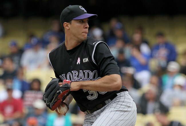 LOS ANGELES, CA - MAY 09:  Ubaldo Jimenez #38 of the Colorado Rockies pitches against the Los Angeles Dodgers in the second inning at Dodger Stadium on May 9, 2010 in Los Angeles, California.  (Photo by Jeff Gross/Getty Images)