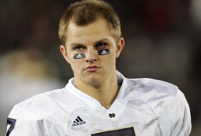 PALO ALTO, CA - NOVEMBER 28:  Jimmy Clausen #7 of the Notre Dame Fighting Irish walks the sideline during their game against the Stanford Cardinal at Stanford Stadium on November 28, 2009 in Palo Alto, California.  (Photo by Ezra Shaw/Getty Images)