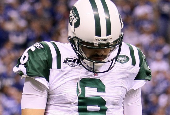 INDIANAPOLIS - JANUARY 24:  Quarterback Mark Sanchez #6 of the New York Jets reacts in the second half against the Indianapolis Colts during the AFC Championship Game at Lucas Oil Stadium on January 24, 2010 in Indianapolis, Indiana. The Colts defeated the Jets 30-17.  (Photo by Andy Lyons/Getty Images)