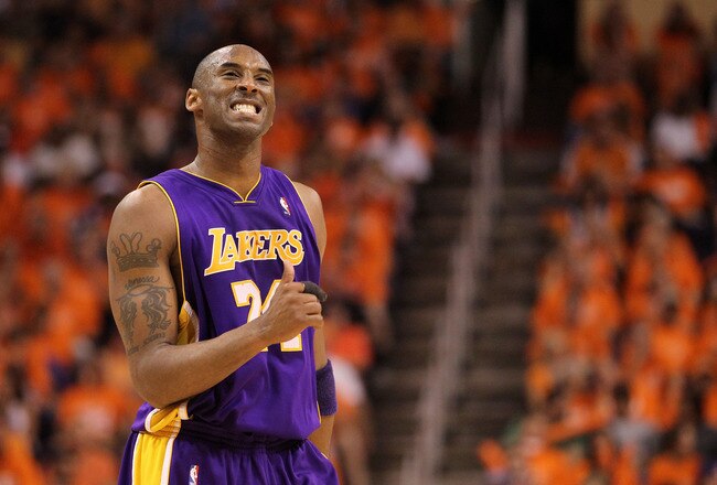 PHOENIX - MAY 29:  Kobe Bryant #24 of the Los Angeles Lakers reacts to a play in the fourth quarter of Game Six of the Western Conference Finals against the Phoenix Suns during the 2010 NBA Playoffs at US Airways Center on May 29, 2010 in Phoenix, Arizona. NOTE TO USER: User expressly acknowledges and agrees that, by downloading and/or using this Photograph, user is consenting to the terms and conditions of the Getty Images License Agreement.  (Photo by Ronald Martinez/Getty Images)