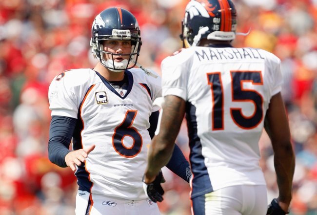 KANSAS CITY - SEPTEMBER 28:  Quarterback Jay Cutler #6 of the Denver Broncos looks to Brandon Marshall #15 during the game against the Kansas City Chiefs on September 28, 2008 at Arrowhead Stadium in Kansas City, Missouri. The Chiefs defeated the Broncos 33-19.  (Photo by: Jamie Squire/Getty Images)