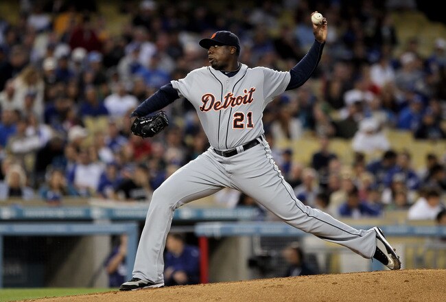 LOS ANGELES, CA - MAY 21:  Dontrelle Willis #21 of the Detroit Tigers pitches against the Los Angeles Dodgers in the third inning during the interleague game at Dodger Stadium on May 21, 2010 in Los Angeles, California.  (Photo by Jeff Gross/Getty Images)