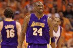 PHOENIX - MAY 29:  Kobe Bryant #24 of the Los Angeles Lakers reacts to a play in the third quarter of Game Six of the Western Conference Finals against the Phoenix Suns during the 2010 NBA Playoffs at US Airways Center on May 29, 2010 in Phoenix, Arizona. NOTE TO USER: User expressly acknowledges and agrees that, by downloading and/or using this Photograph, user is consenting to the terms and conditions of the Getty Images License Agreement.  (Photo by Ronald Martinez/Getty Images)