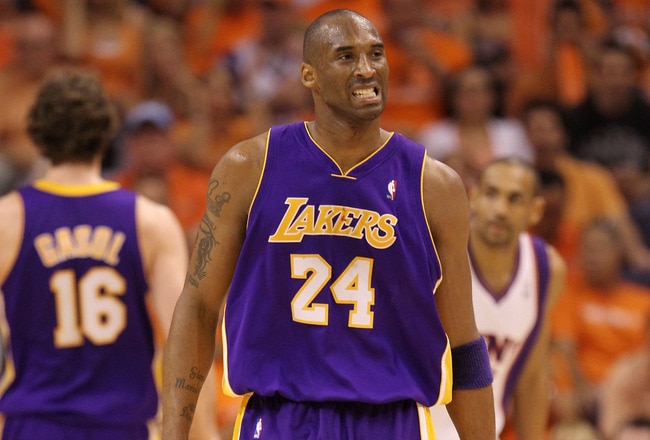 PHOENIX - MAY 29:  Kobe Bryant #24 of the Los Angeles Lakers reacts to a play in the third quarter of Game Six of the Western Conference Finals against the Phoenix Suns during the 2010 NBA Playoffs at US Airways Center on May 29, 2010 in Phoenix, Arizona. NOTE TO USER: User expressly acknowledges and agrees that, by downloading and/or using this Photograph, user is consenting to the terms and conditions of the Getty Images License Agreement.  (Photo by Ronald Martinez/Getty Images)
