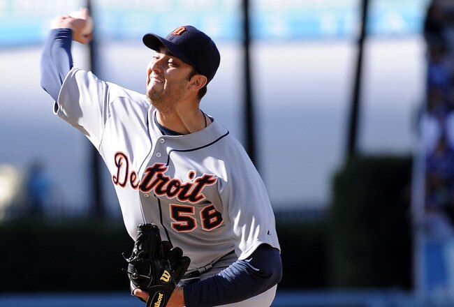 LOS ANGELES, CA - MAY 22:  Armando Galarraga #58 of the Detroit Tigers pitches to the Los Angeles Dodgers during the third inning at Dodger Stadium on May 22, 2010 in Los Angeles, California.  (Photo by Harry How/Getty Images)