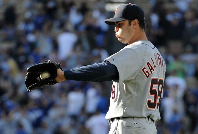 LOS ANGELES, CA - MAY 22:  Armando Galarraga #58 of the Detroit Tigers reacts to a homerun by Matt Kemp #27 of the Los Angeles Dodgers during the fifth inning at Dodger Stadium on May 22, 2010 in Los Angeles, California.  (Photo by Harry How/Getty Images)
