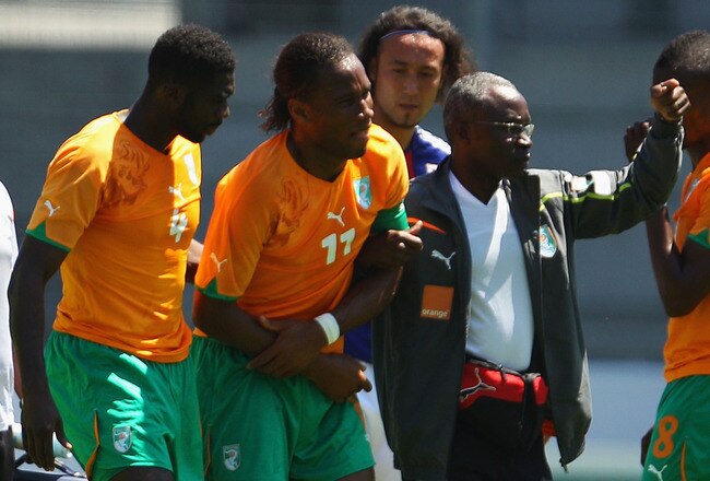 SION, SWITZERLAND - JUNE 04:  Didier Drogba of the Ivory Coast leaves the field after injuring his arm during the Japan v Ivory Coast International Friendly match at Stade de Toubillon on June 4, 2010 in Sion, Switzerland.  (Photo by Mark Kolbe/Getty Images)