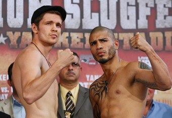 NEW YORK - JUNE 04:  Yuri Foreman (L) and Miguel Cotto (R)  pose for a photo during their weigh-in on June 4, 2010 at Yankee Stadium  in the Bronx borough of New York City. Cotto and Foreman will fight at  Yankee Stadium on June 5, 2010  (Photo by Mike Stobe/Getty Images)